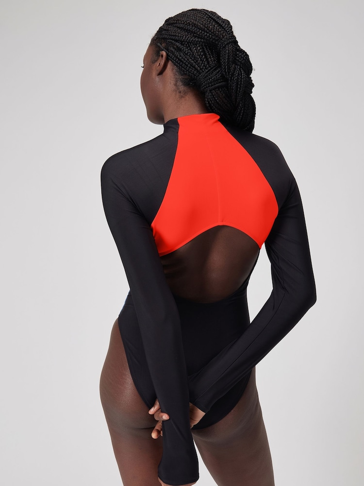 Speedo Red Long Sleeve Zip Colorblock 1 Piece Swimsuit - Image 2 of 7