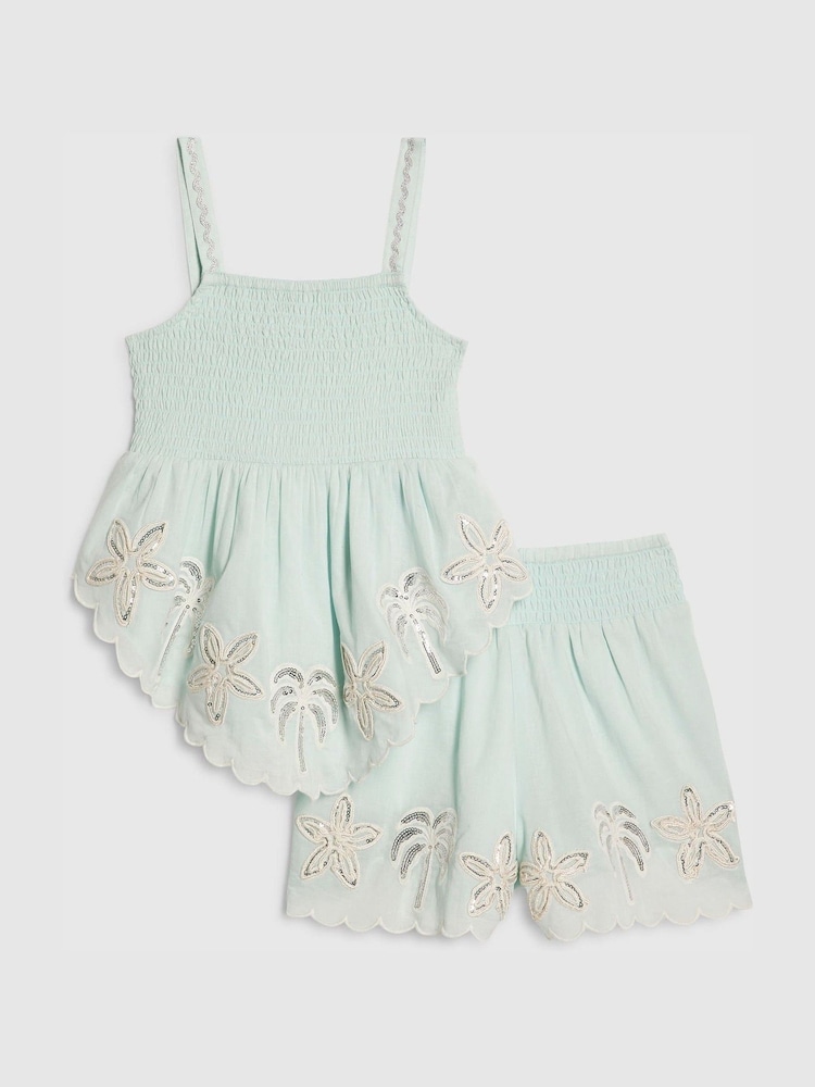 River Island Mint Green Embelished Hanky Hem Top & Skirt Set - Image 2 of 5 River Island Mint Green Embelished Hanky Hem Top & Skirt Set - Image 2 of 5