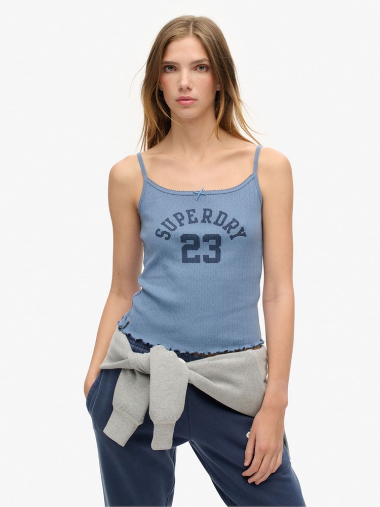 Superdry Wedgewood Blue Athletic Graphic 100% Cotton Pointele Cami - Image 1 of 6