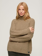 Superdry Soft Beige Marl Slouchy Stitch Roll Neck Knit Cardigan - Image 1 of 8