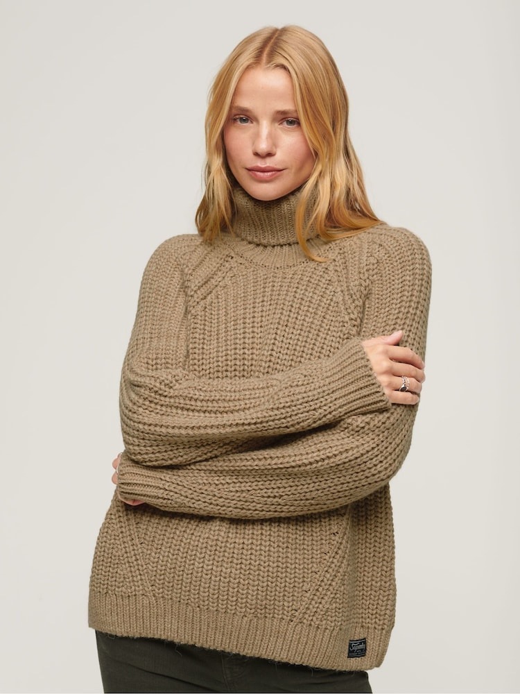 Superdry Soft Beige Marl Slouchy Stitch Roll Neck Knit Cardigan - Image 1 of 8