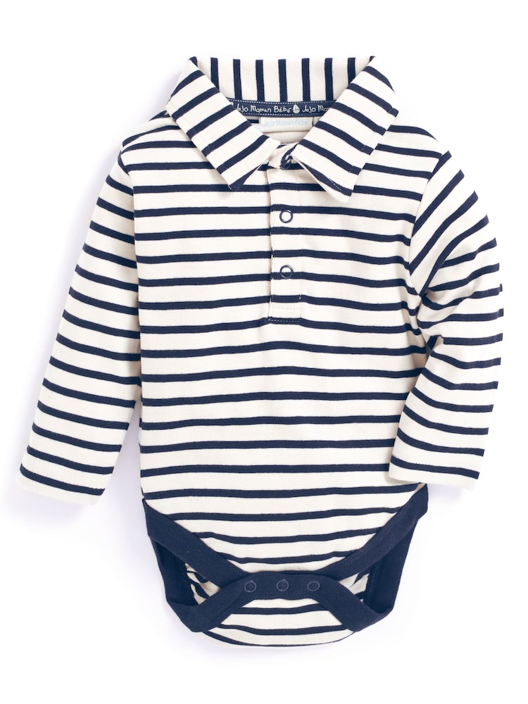 JoJo Maman Bébé Ecru Navy Breton Stripe Plain Long Sleeve Polo Shirt Bodysuit - Image 1 of 4