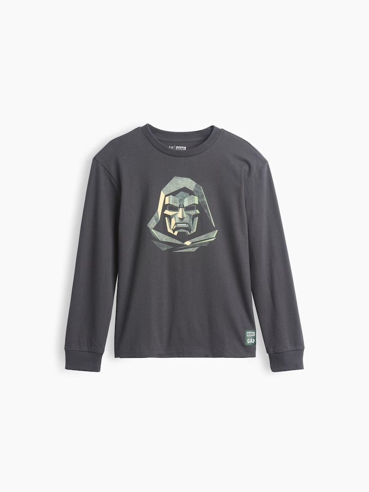 Gap Charcoal Dr Doom Marvel Relaxed Graphic Long Sleeve T-Shirt (4-13yrs) - Image 1 of 3 Gap Charcoal Dr Doom Marvel Relaxed Graphic Long Sleeve T-Shirt (4-13yrs) - Image 1 of 3