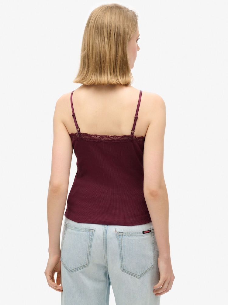 Superdry Port Redd Essential Lace Trim 100% Cotton Camisole - Image 3 of 5