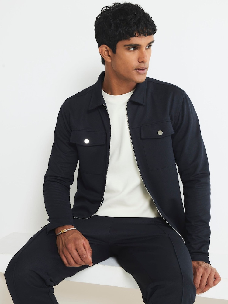 River Island Navy Blue Slim Fit Pique Pocket Overshirt - Image 1 of 4 River Island Navy Blue Slim Fit Pique Pocket Overshirt - Image 1 of 4