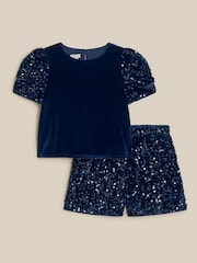 Monsoon Blue Iona Sequin Velvet T-Shirt & Shorts Set - Image 1 of 2