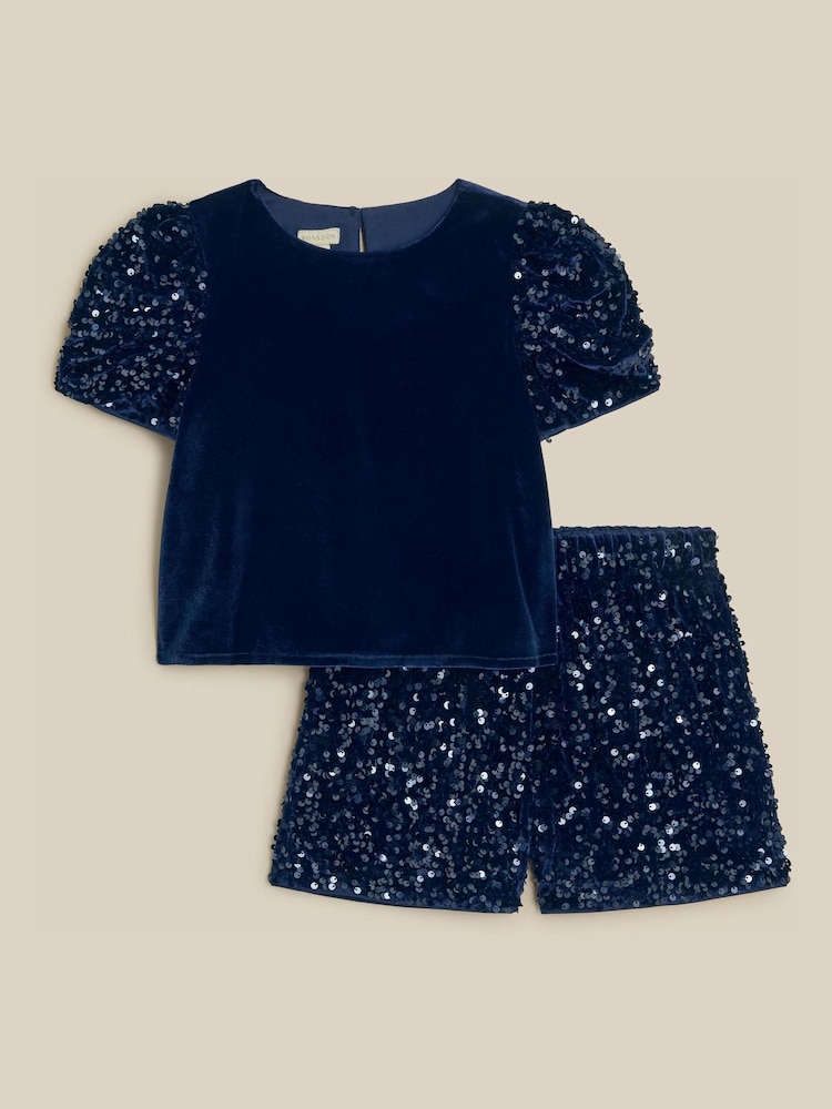 Monsoon Blue Iona Sequin Velvet T-Shirt & Shorts Set - Image 1 of 2