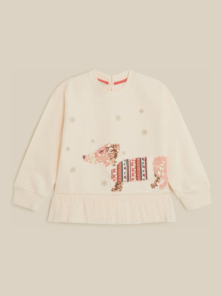 Monsoon Cream Sequin Sausage Dog Christmas Sweatshirt - Image 1 of 2 Monsoon Cream Sequin Sausage Dog Christmas Sweatshirt - Image 1 of 2