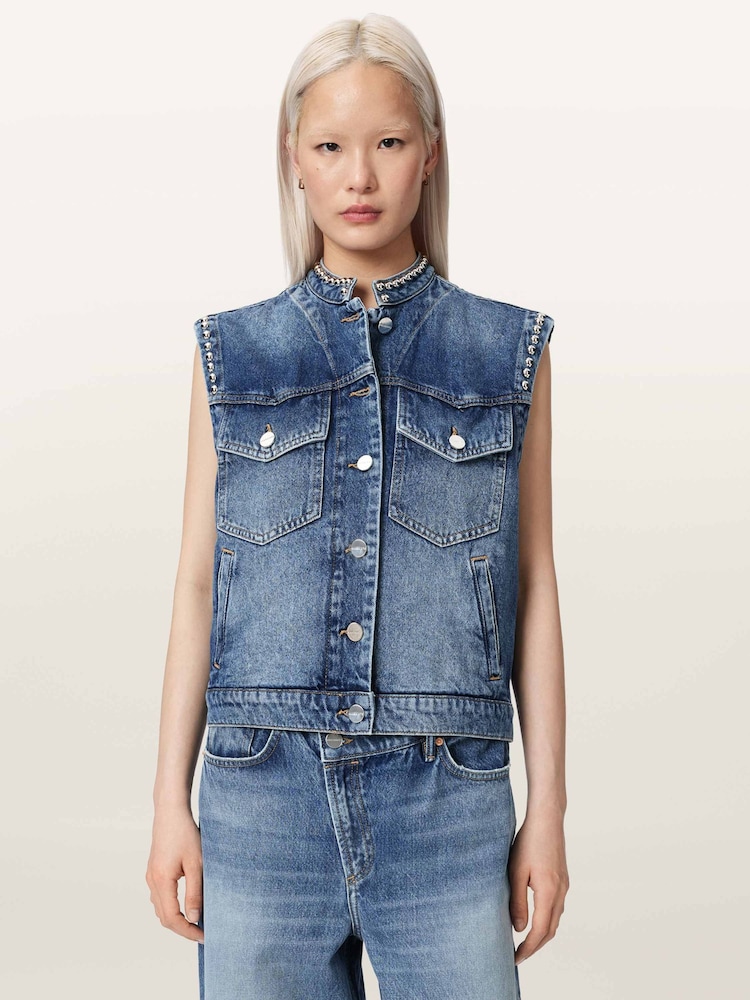 AllSaints Blue Mav Stud Waistcoat - Image 1 of 6