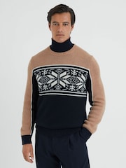 Reiss Navy/Camel Nash Fairisle Pattern Crew Neck Jumper - Image 1 of 4