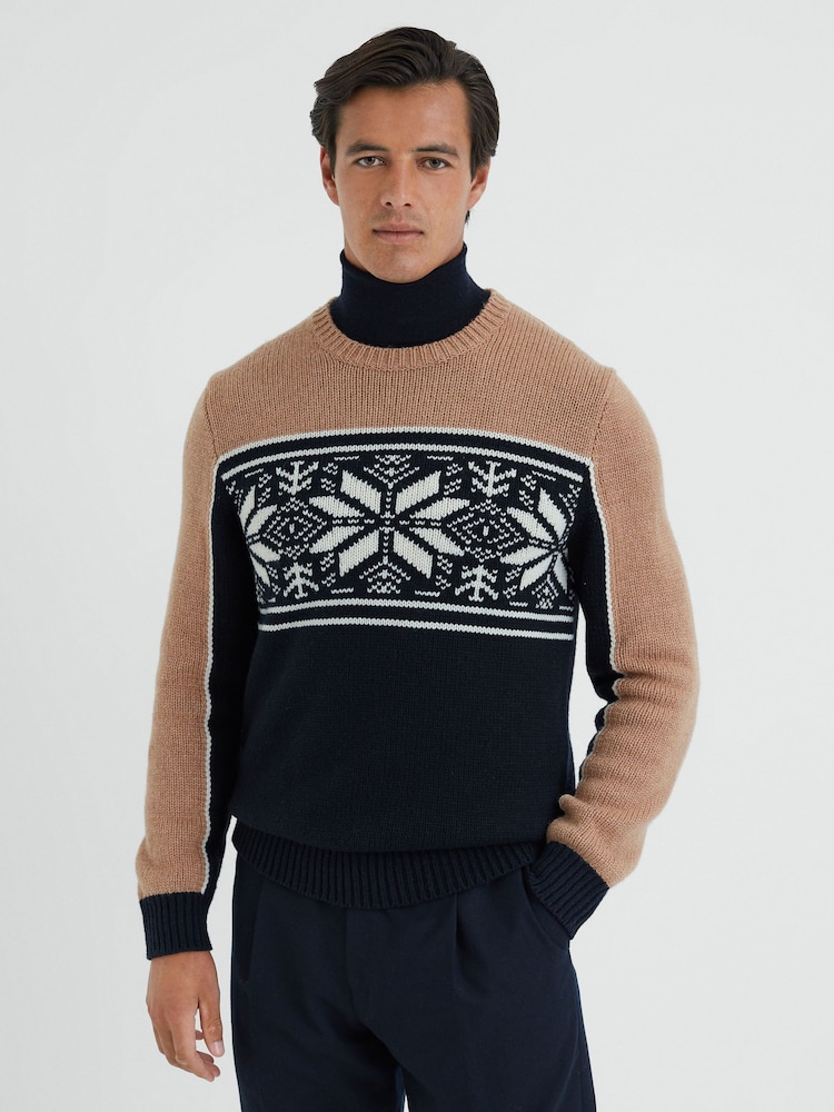 Reiss Navy/Camel Nash Fairisle Pattern Crew Neck Jumper - Image 1 of 4