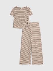 River Island Brown Stripe Textured Tie Top & Wide Leg Trousers Set - Image 1 of 5