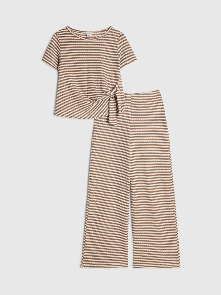 River Island Brown Stripe Textured Tie Top & Wide Leg Trousers Set - Image 1 of 5