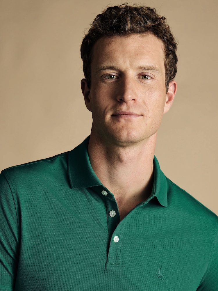 Charles Tyrwhitt GreenSmokey Olive Canvas Solid Short Sleeve Cotton Tyrwhitt Pique Polo Shirt - Image 2 of 5