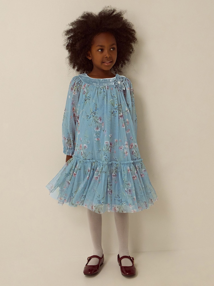 Monsoon Blue Naina Floral Mesh Party Dress - Image 1 of 4 Monsoon Blue Naina Floral Mesh Party Dress - Image 1 of 4