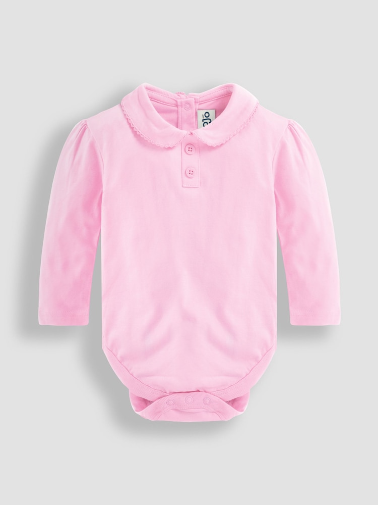 JoJo Maman Bébé Pink Plain Long Sleeve Peter Pan Bodysuit - Image 1 of 3