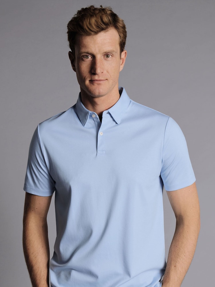 Charles Tyrwhitt Blue Plain 100% Cotton Short Sleeve Jersey Polo Shirt - Image 1 of 5