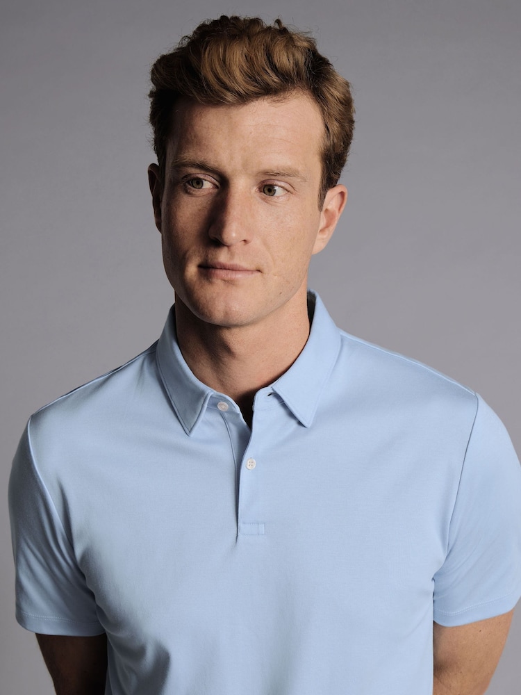 Charles Tyrwhitt Blue Plain 100% Cotton Short Sleeve Jersey Polo Shirt - Image 2 of 5