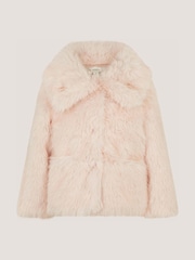 Monsoon Pink Butterfly Embellished Faux Fur Coat - Image 1 of 2