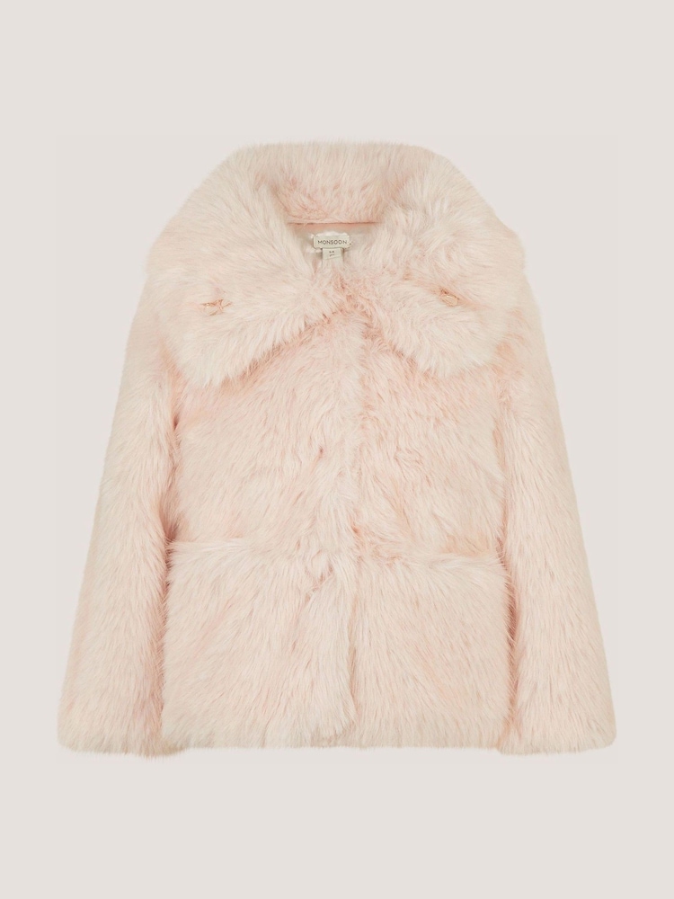 Monsoon Pink Butterfly Embellished Faux Fur Coat - Image 1 of 2 Monsoon Pink Butterfly Embellished Faux Fur Coat - Image 1 of 2