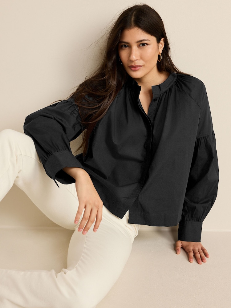 Schwarz - Langärmelige Popeline-Bluse aus Baumwolle - Bild 1 von 6 Schwarz - Langärmelige Popeline-Bluse aus Baumwolle - Bild 1 von 6