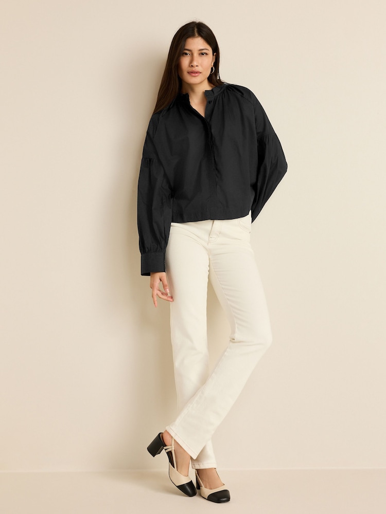 Schwarz - Langärmelige Popeline-Bluse aus Baumwolle - Bild 2 von 6 Schwarz - Langärmelige Popeline-Bluse aus Baumwolle - Bild 2 von 6