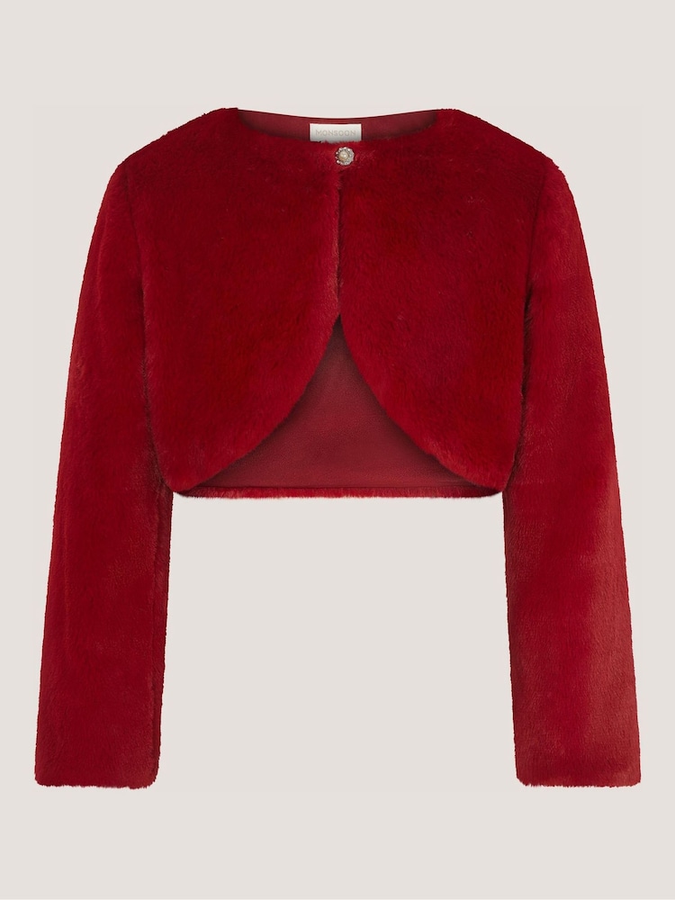 Monsoon Red Lara Bow Faux Fur Cardigan - Image 1 of 2 Monsoon Red Lara Bow Faux Fur Cardigan - Image 1 of 2