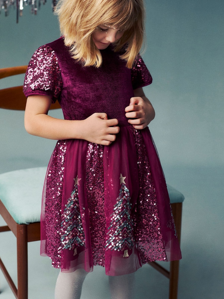Monsoon Red Christmas Tree Sequin Velvet Party Dress - Image 1 of 3 Monsoon Red Christmas Tree Sequin Velvet Party Dress - Image 1 of 3