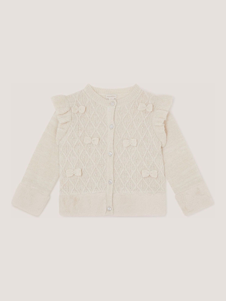 Monsoon Cream Baby Bow Faux Fur Trim Cardigan - Image 1 of 2 Monsoon Cream Baby Bow Faux Fur Trim Cardigan - Image 1 of 2