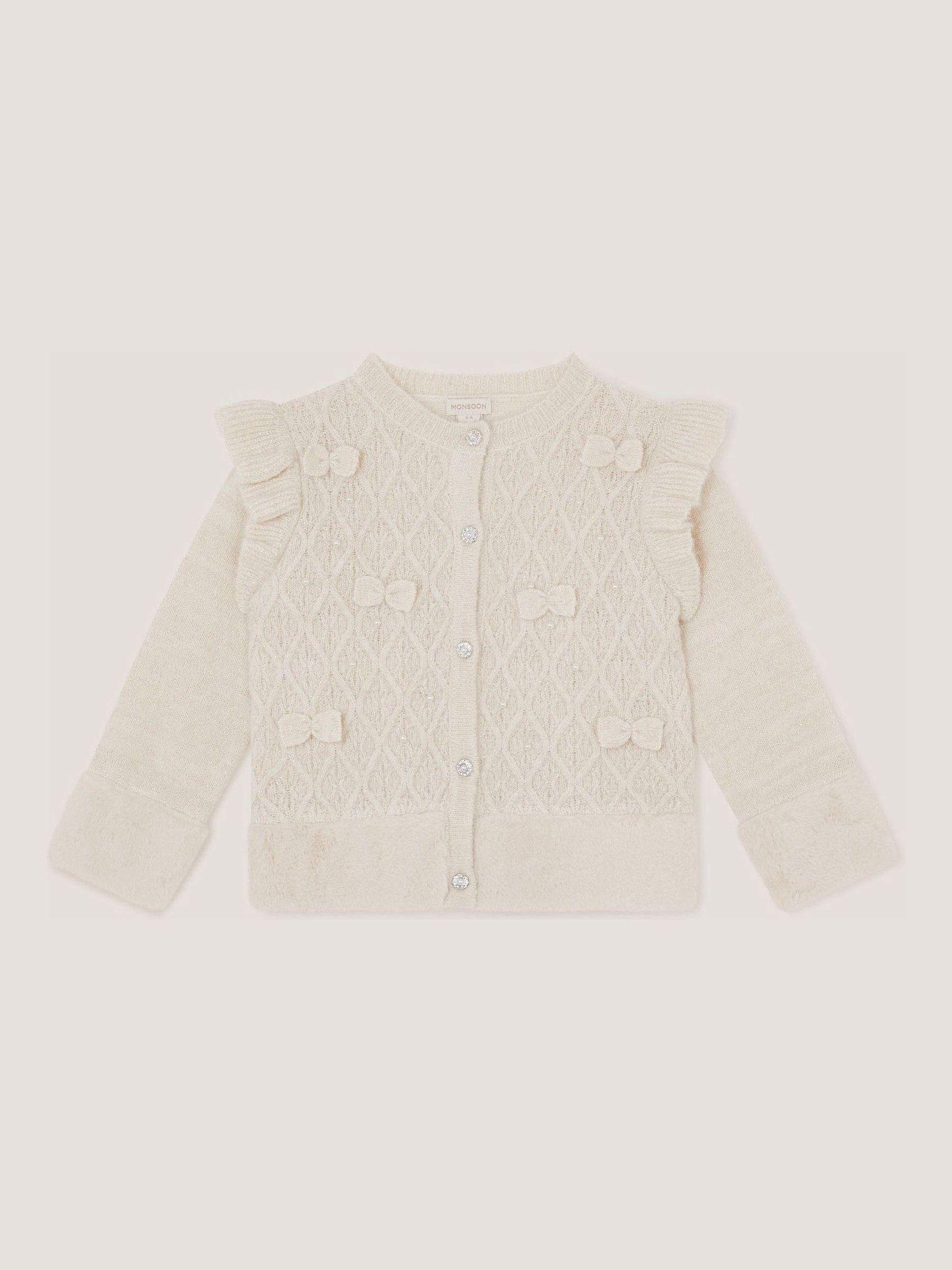 Monsoon Cream Baby Bow Faux Fur Trim Cardigan view 1