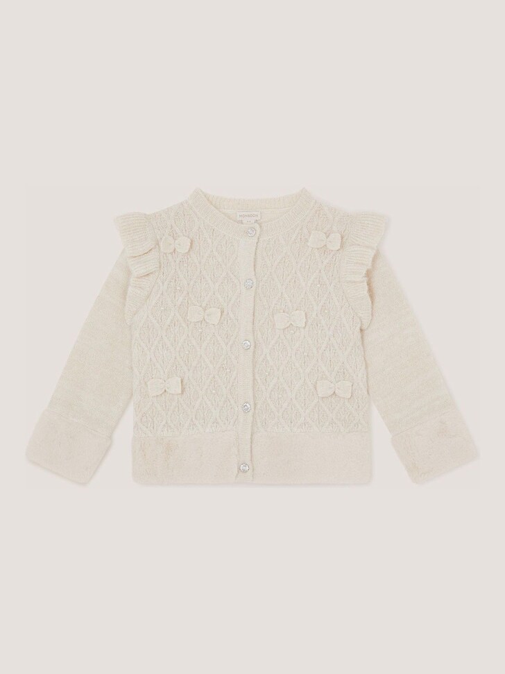 Monsoon Cream Baby Bow Faux Fur Trim Cardigan