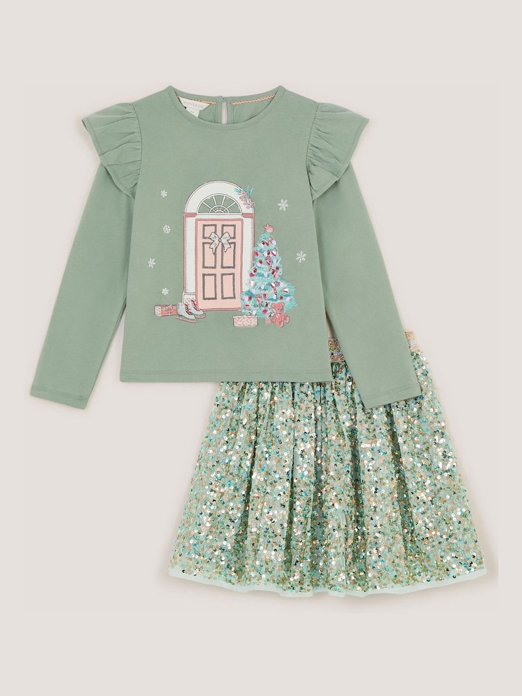 Monsoon Green Christmas Top & Sequin Disco Skirt Set - Image 1 of 2 Monsoon Green Christmas Top & Sequin Disco Skirt Set - Image 1 of 2