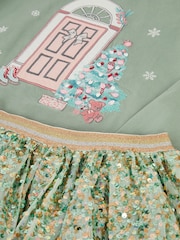 Monsoon Green Christmas Top & Sequin Disco Skirt Set - Image 2 of 2