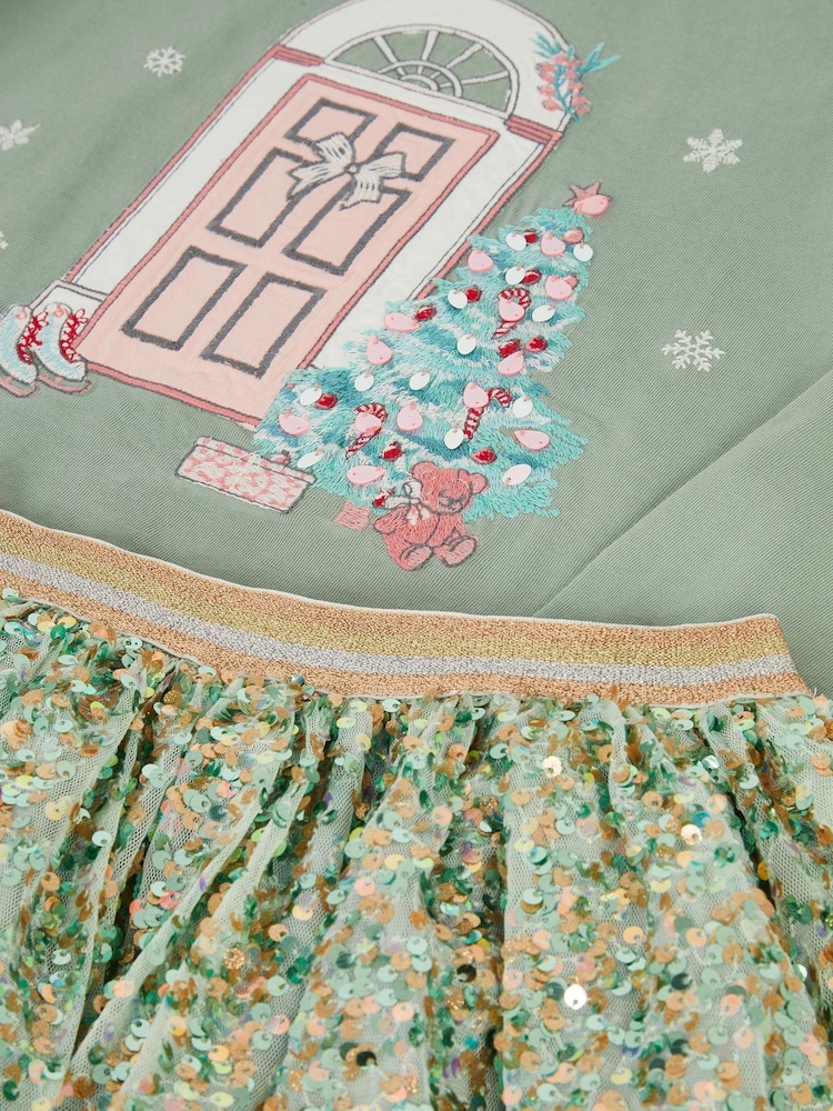 Monsoon Green Christmas Top & Sequin Disco Skirt Set - Image 2 of 2 Monsoon Green Christmas Top & Sequin Disco Skirt Set - Image 2 of 2