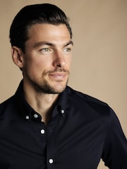 Charles Tyrwhitt Blue Dark Four Way Stretch Button Down Jersey Shirt - Image 2 of 6