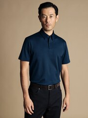Charles Tyrwhitt Blue Dark 100% Cotton Plain Short Sleeve Jersey Polo Shirt - Image 1 of 5