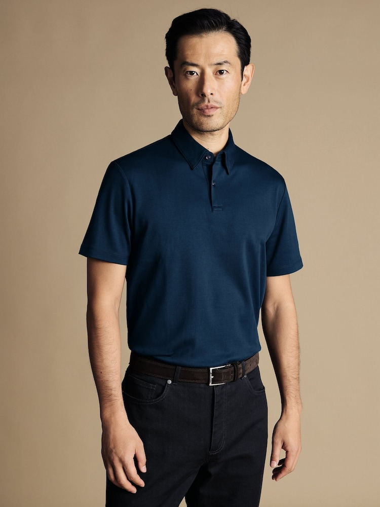 Charles Tyrwhitt Blue Dark 100% Cotton Plain Short Sleeve Jersey Polo Shirt - Image 1 of 5
