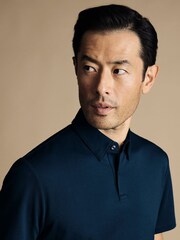 Charles Tyrwhitt Blue Dark 100% Cotton Plain Short Sleeve Jersey Polo Shirt - Image 2 of 5