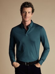 Charles Tyrwhitt Blue Light 100% Cotton Plain Long Sleeve Jersey Polo Shirt - Image 1 of 5