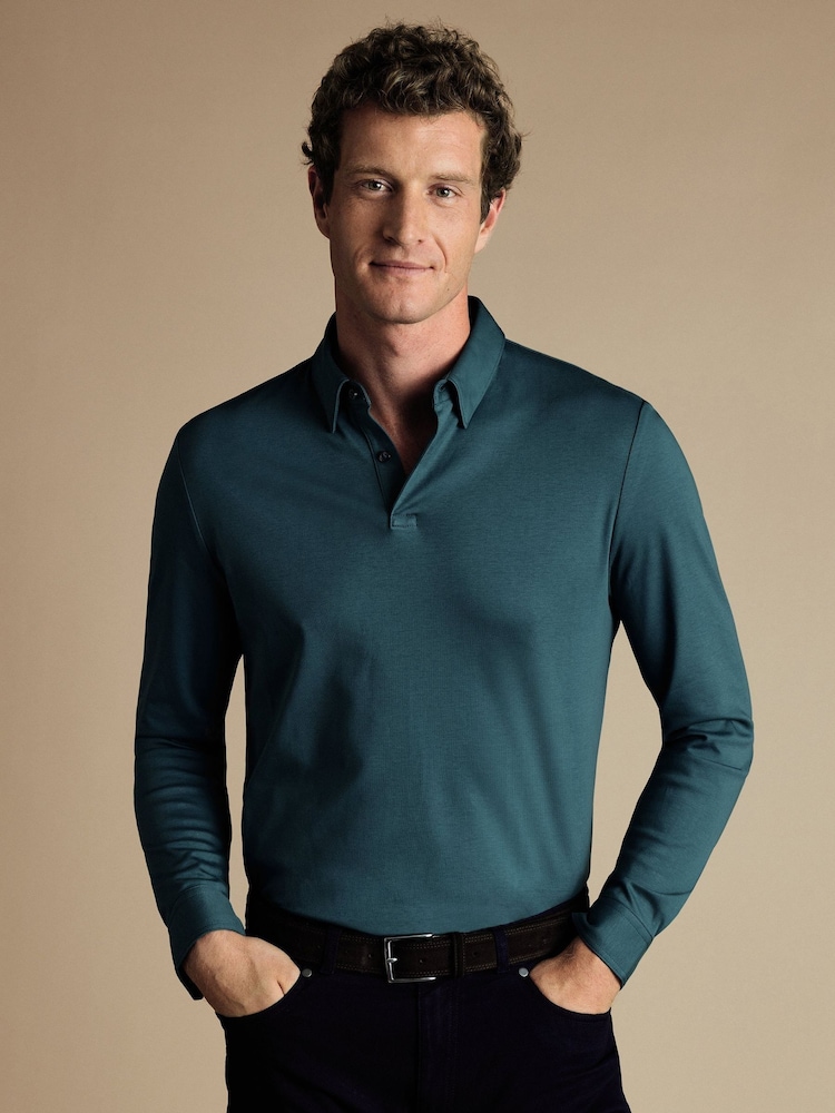 Charles Tyrwhitt Blue Light 100% Cotton Plain Long Sleeve Jersey Polo Shirt - Image 1 of 5