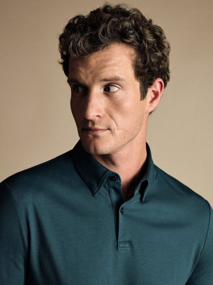 Charles Tyrwhitt Blue Light 100% Cotton Plain Long Sleeve Jersey Polo Shirt - Image 2 of 5