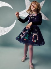 Monsoon Blue Christmas Market Scene Velvet Disco Dress - Image 1 of 5