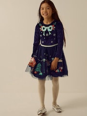 Monsoon Blue Christmas Market Scene Velvet Disco Dress - Image 2 of 5