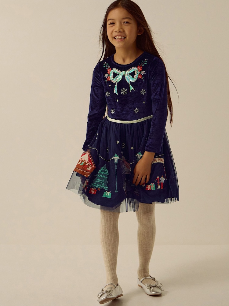 Monsoon Blue Christmas Market Scene Velvet Disco Dress - Image 2 of 5 Monsoon Blue Christmas Market Scene Velvet Disco Dress - Image 2 of 5