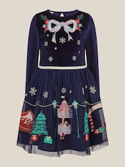 Monsoon Blue Christmas Market Scene Velvet Disco Dress - Image 3 of 5