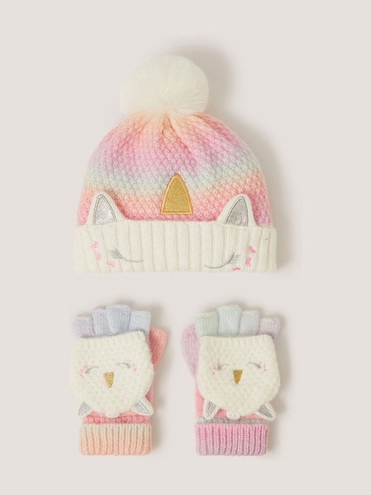 Monsoon Pink Unicorn Ombré Hat & Gloves Set - Image 1 of 2