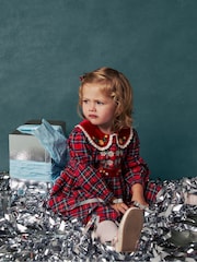 Monsoon Red Baby Robin Tartan Print Christmas Dress - Image 1 of 5