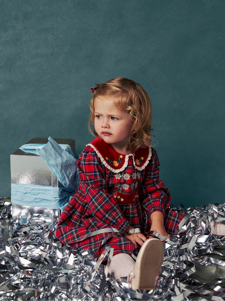 Monsoon Red Baby Robin Tartan Print Christmas Dress - Image 1 of 5