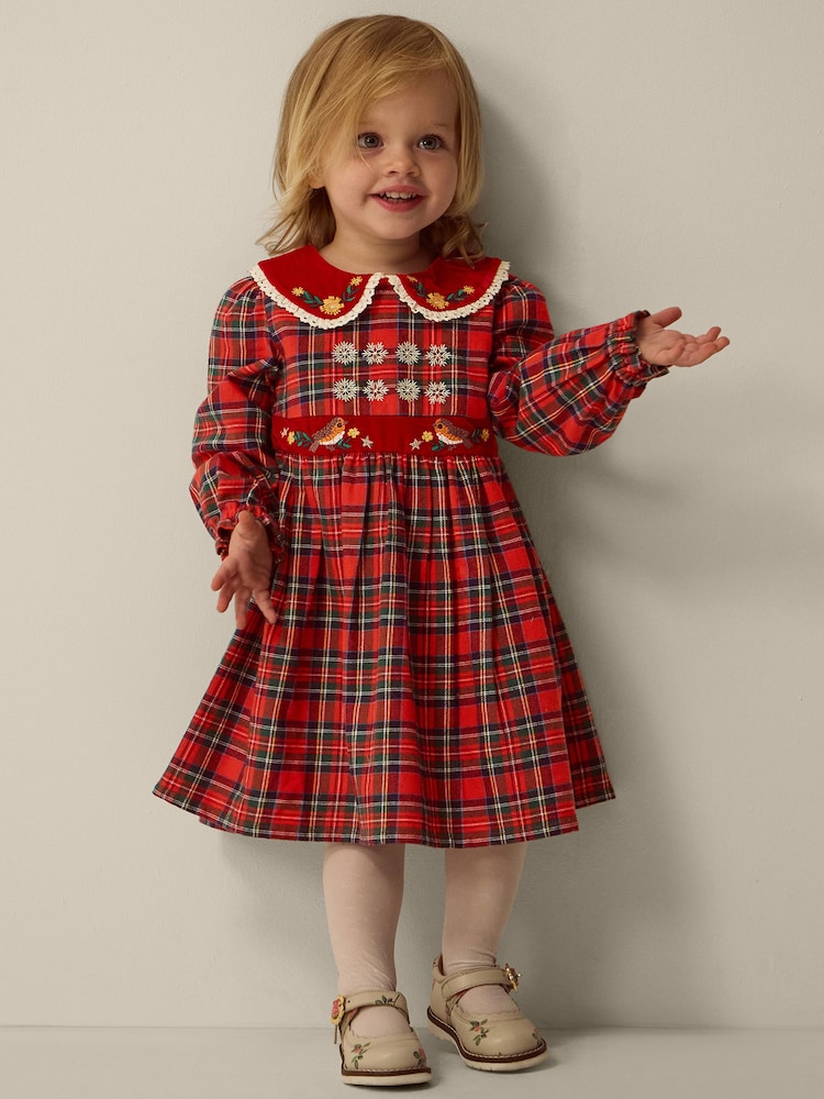 Monsoon Red Baby Robin Tartan Print Christmas Dress - Image 2 of 5