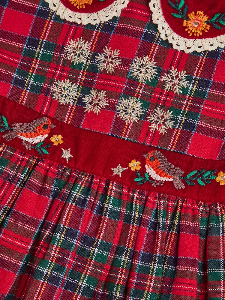 Monsoon Red Baby Robin Tartan Print Christmas Dress - Image 5 of 5